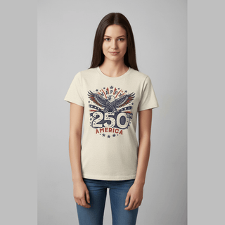 Women wearing relaxed fit heather beige 250th birthday shirt with eagle print