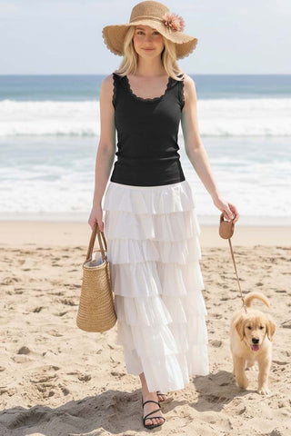 Black Lace Trim Ribbed Tank Top