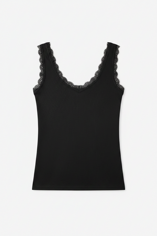 Black Lace Trim Ribbed Tank Top