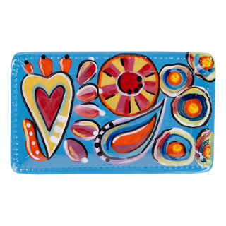 Glory Haus colorful turquoise rectangular trinket tray with heart, sun, and floral designs