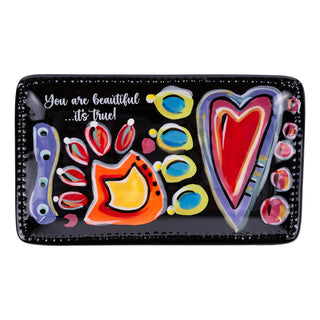 Glory Haus black rectangular trinket tray with colorful heart and 'You are beautiful it's true' text