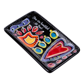 Glory Haus You Are Beautiful affirmation trinket tray with colorful heart and abstract designs on black background