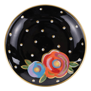 Glory Haus black ceramic trinket tray with gold dots and colorful hand-painted roses