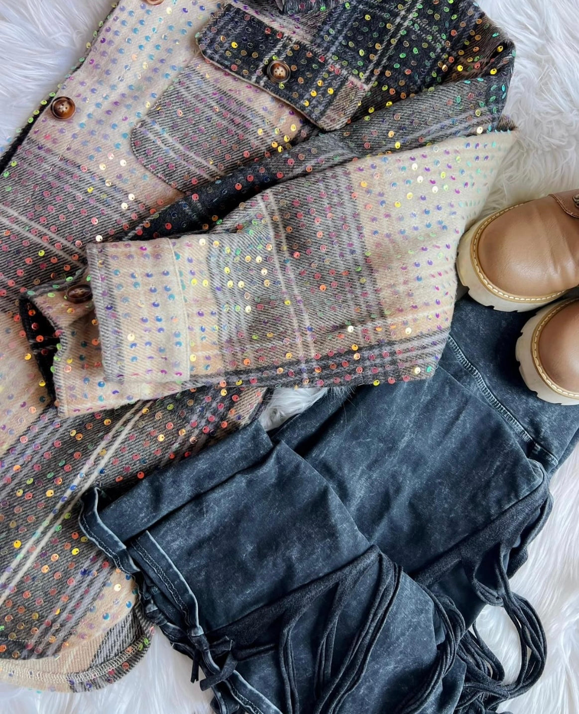 plaid with iridescent sequins shacket  