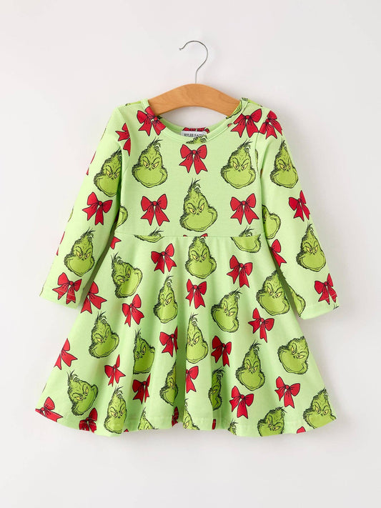 Christmas Bow Character Print Girls Dress