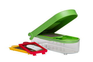 Harold Imports 3 Blade Dice and Slice Chopper with green lid, clear container, and interchangeable red and yellow blade in...