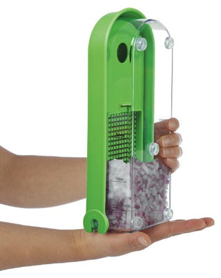 Hands holding a green and clear 3-blade dice and slice chopper containing chopped onions