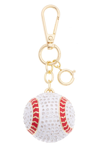 3D baseball bag charm keychain with white crystal embellishments, red stitching, and gold-tone hardware