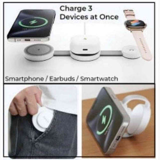 Sanis 3-in-1 white wireless charger charging smartphone, earbuds, and smartwatch simultaneously