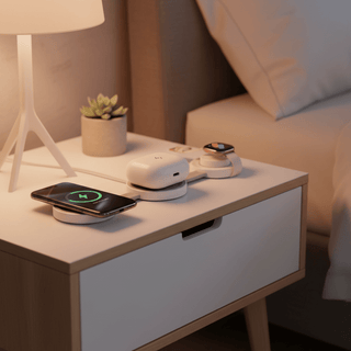 Sanis 3-in-1 white wireless charger on nightstand charging phone, AirPods, and Apple Watch