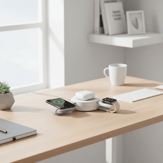 Sanis 3-in-1 white wireless charger charging iPhone, AirPods, and Apple Watch on desk