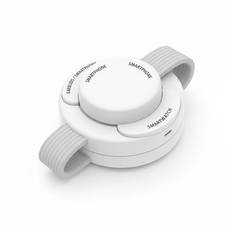 Sanis 3-in-1 white wireless charger for smartphone, smartwatch, and earbuds with cable wrap