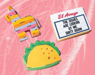 El Arroyo three-piece sponge set shaped like a piñata, taco, and marquee sign on pink background