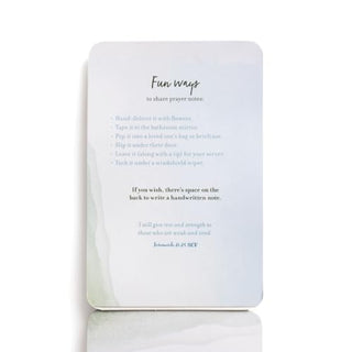 Back of Peace and Rest Prayer Pass Along Notes card showing fun sharing suggestions and Bible verse