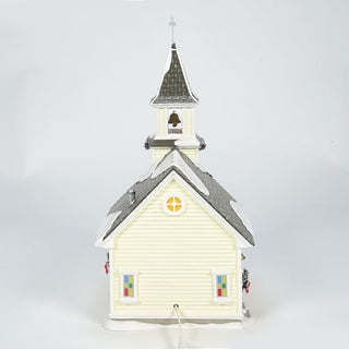 Department 56 Holy Family Church miniature building with white siding and bell tower