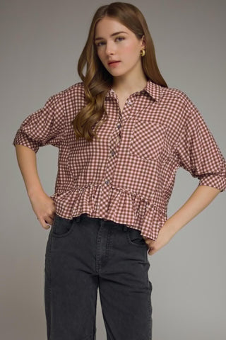 Maroon Gingham Top with Ruffle Hem