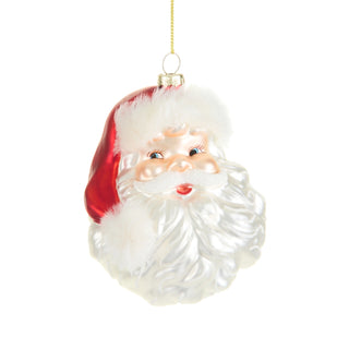 Glass Santa head ornament with white beard, red hat, and gold hanging loop