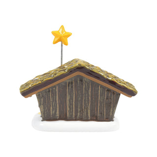 Department 56 Snow Village wooden nativity stable with thatched roof and yellow star