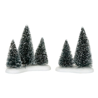 Department 56 Sisal Tree Groves set with snow-frosted evergreen trees on white bases