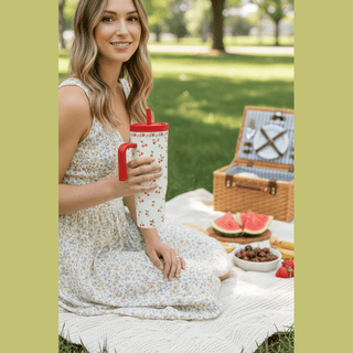 Woman holding 40oz Rifle Paper Cherries Cruiser at outdoor picnic