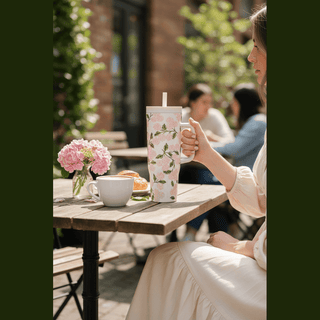 Woman holding 40oz Rifle Paper Pink Hydrangea Cruiser at outdoor cafe