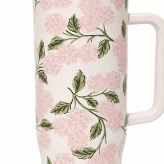 Close-up detail of pink hydrangea floral pattern on Rifle Paper Cruiser