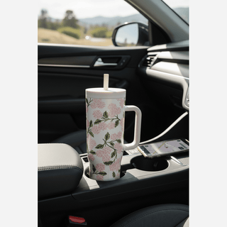 40oz Rifle Paper Pink Hydrangea Cruiser in car cup holder