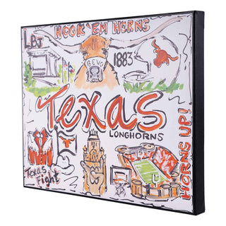 Texas Longhorns canvas art featuring Bevo, Hook Em Horns, and landmark illustrations