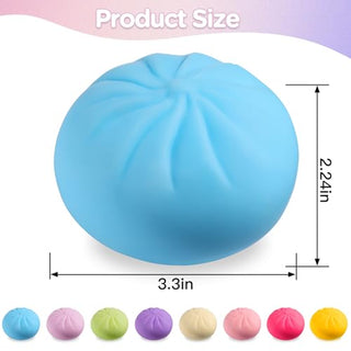 Blue dumpling-shaped squishy fidget toy with size dimensions and color options shown
