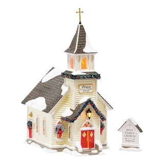 Department 56 Holy Family Church miniature building with bell tower and cross