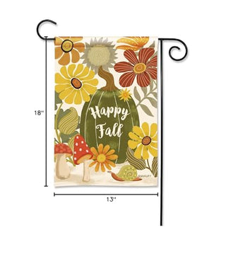 Happy Fall garden flag with autumn flowers, pumpkin and mushroom design with dimensions