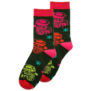 Karma Retro Santa crew socks in dark green with multicolor Santa face pattern
