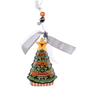 Glory Haus Texas Longhorns Christmas tree ornament with Hook Em Horns sentiment and star topper