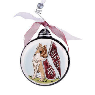 Texas A&M Reveille mascot collie dog ornament with Gig Em pennant flag by Glory Haus