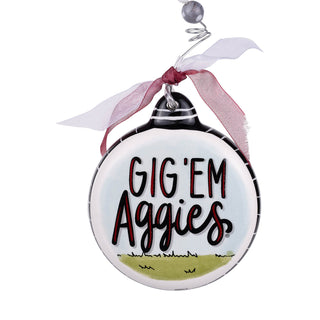 Glory Haus Texas A&M Gig Em Aggies puff ornament with maroon and white ribbon