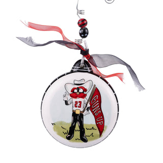 Texas Tech Raider Red mascot puff ornament with Guns Up flag and red black ribbons