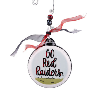 Glory Haus Texas Tech Go Red Raiders round puff ornament with red and black ribbons