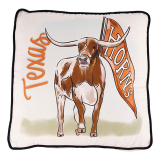 Glory Haus Texas Longhorns decorative pillow featuring watercolor longhorn bull and pennant flag