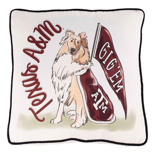 Texas A&M Aggies decorative pillow featuring Reveille collie mascot with Gig Em pennant flag