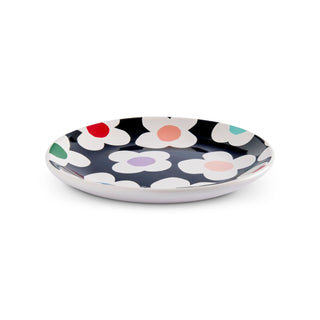 Demdaco Floral Toss black trinket dish with white daisy flowers and colorful centers, 4 inch