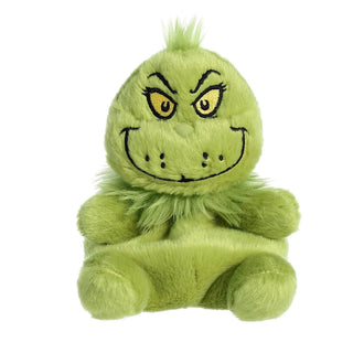 Aurora 5-inch Grinch Palm Pals plush toy with mischievous embroidered face, seated pose