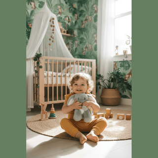 Child holding Keith Jungle Elephant in jungle-themed nursery