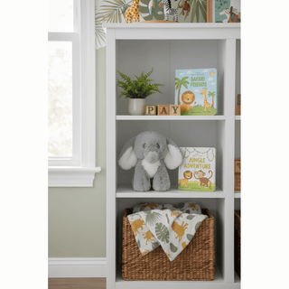 Keith Jungle Elephant on nursery shelf with jungle decor
