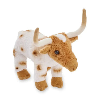 5 inch Larry Texas Longhorn plush with white body brown patches and soft velvety texture