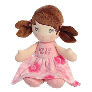 Aurora soft fabric doll with brown pigtails wearing pink floral dress
