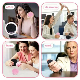 Cookie squishy fidget toy shown in four lifestyle settings: office, classroom, home, and work