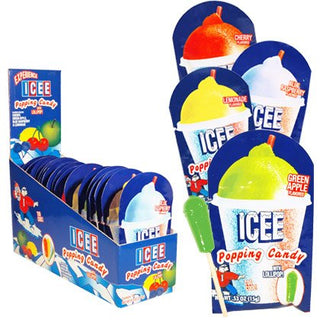 ICEE Popping Candy with Lollipop display box showing multiple flavored packages