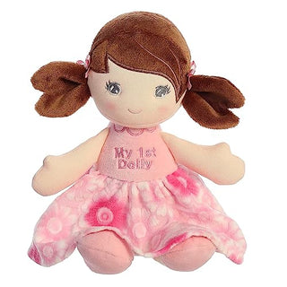 Aurora My 1st Dolly soft plush doll with brown pigtails in pink floral dress