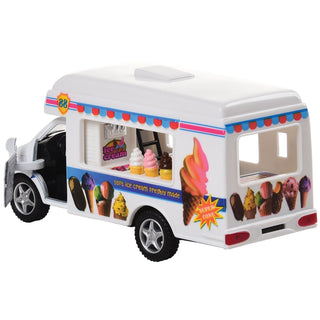 White diecast toy ice cream truck with colorful ice cream cone graphics and open side window