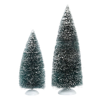 Two Department 56 frosted green Christmas tree topiaries with white snow coating on white background